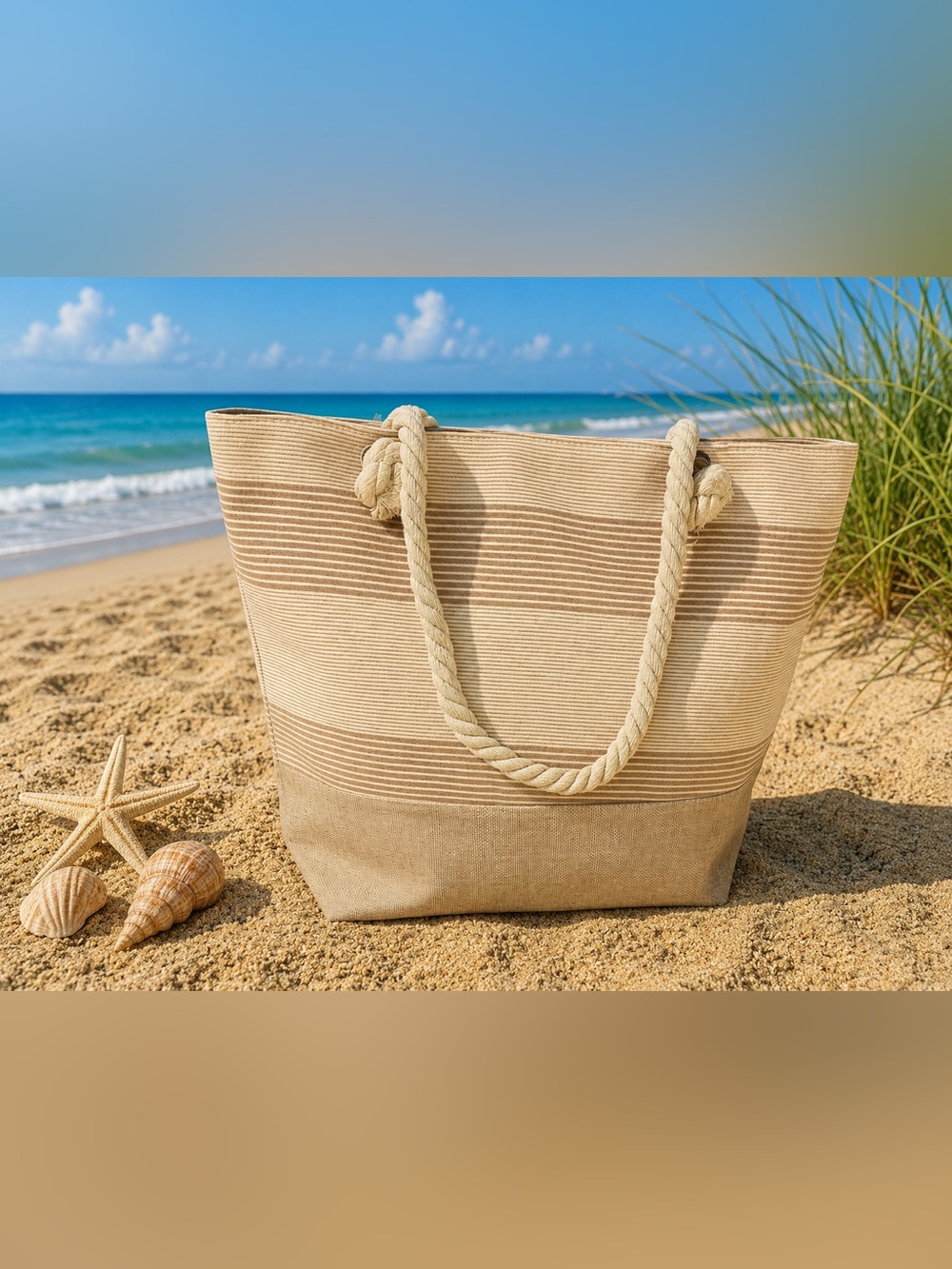 Neutral Striped Beach Tote Bag with Rope Handles